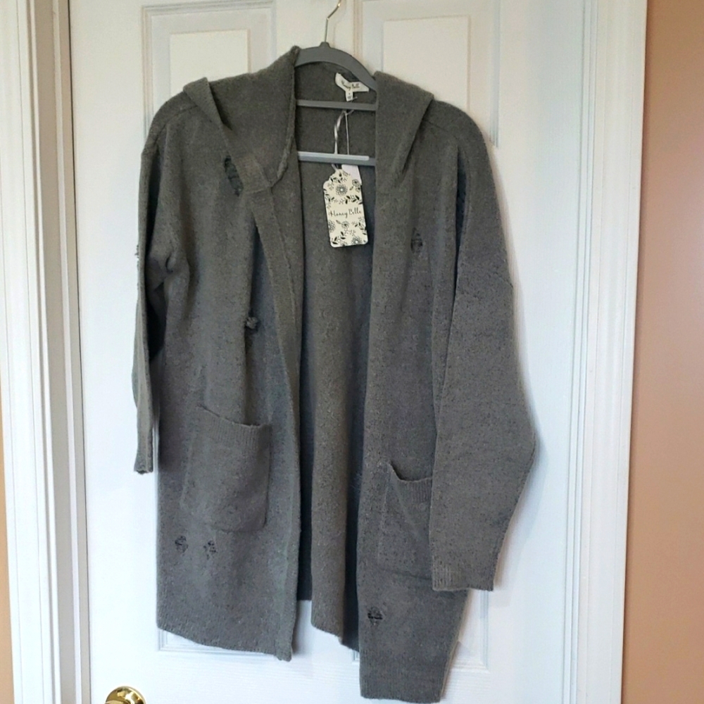 Honey Belle Distressed Gray Hooded Cardigan with Pockets - NWT Sz S #149
